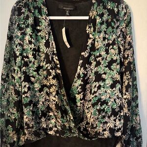 WHBM Floral Black and Green Blouse